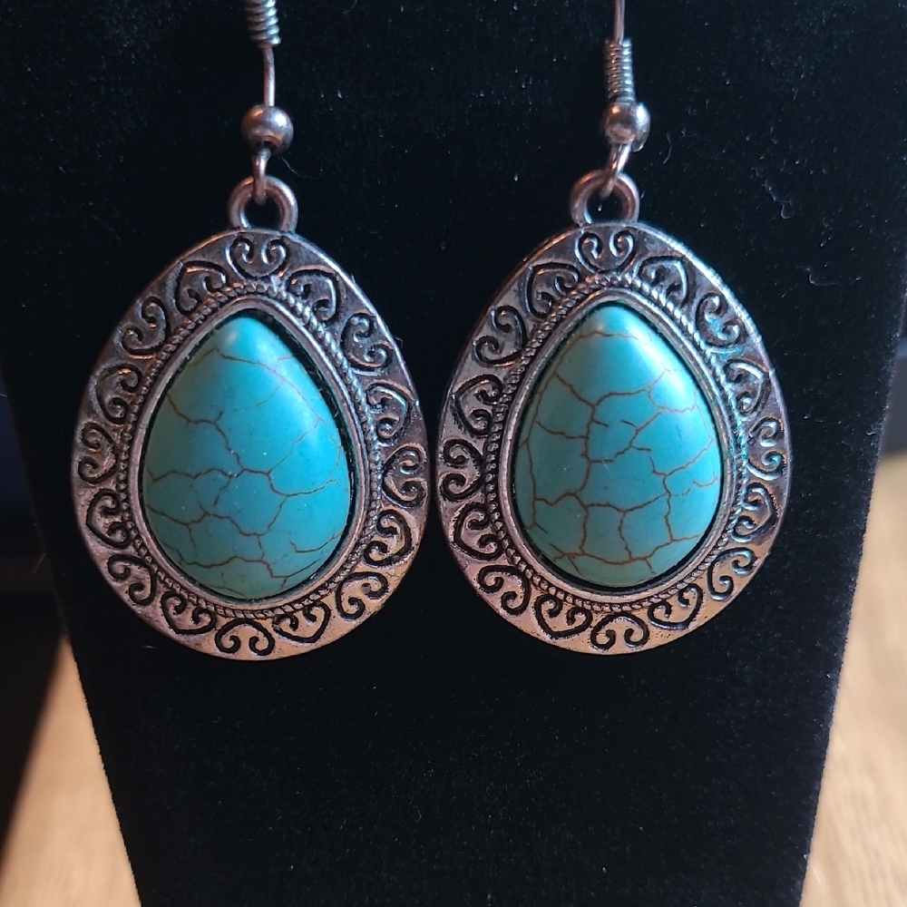 Turquoise Teardrop Dangle Earrings - Silver-Tone Frame